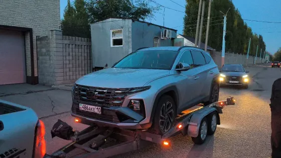 Грузовой автомобиль с прицепом, на котором находится легковой автомобиль, припаркован на дороге среди зелени