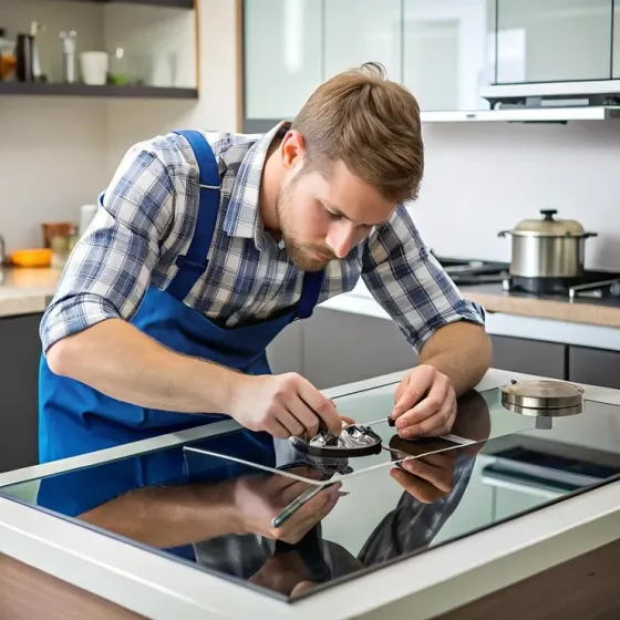 Мужчина с гаечным ключом и рабочей одеждой, список сантехнических работ, таких как установка смесителей и подключение сантехники