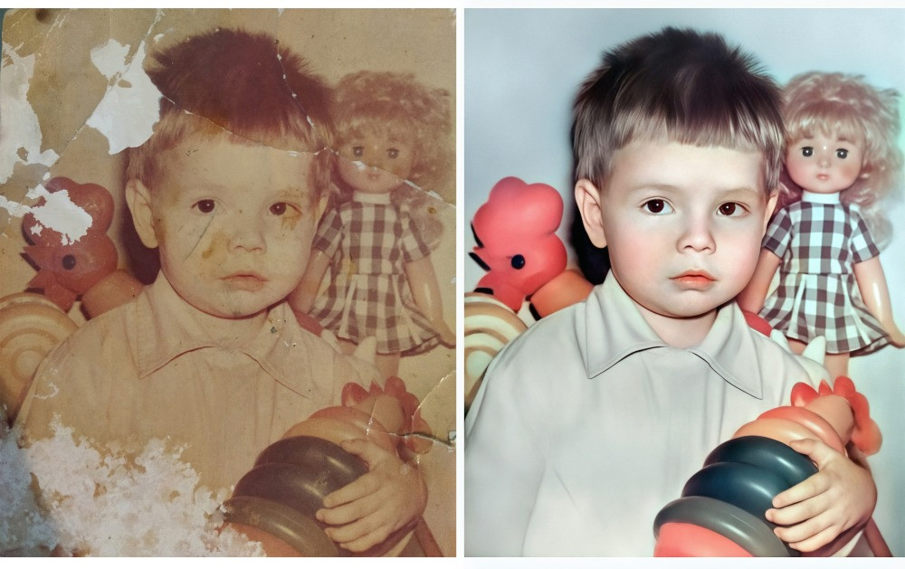 Восстановление старой фотографии женщины с повреждениями