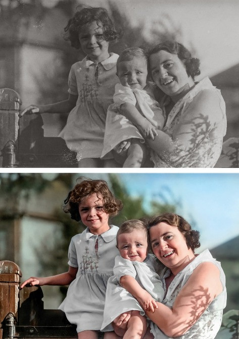 Сравнение старой и восстановленной фотографии женщины с прической