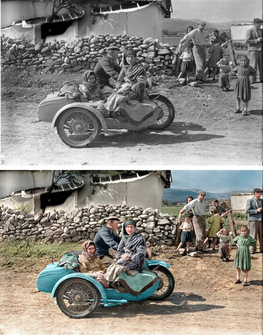 Три изображения мужчины: старое черно-белое фото, первое цветное и улучшенное портретное изображение