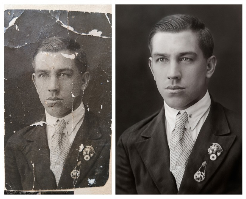 Фотография мужчины с ребенком до и после улучшения качества