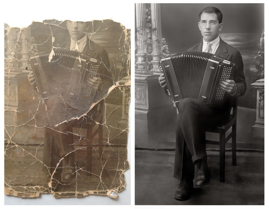 Реставрация старых фотографий: до и после портретов мужчины и женщины