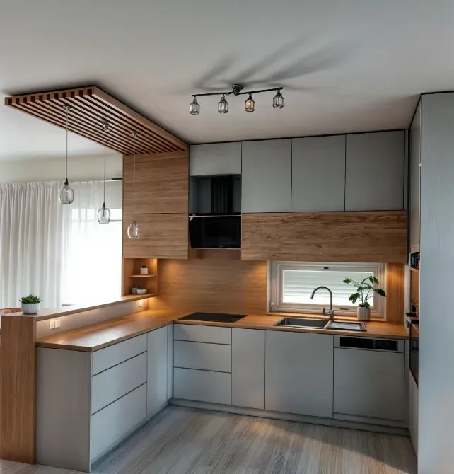 Заманауи ас бөлмесі ақ фасадтармен және аралмен