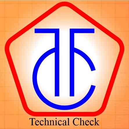 Логотип компании Technical Check с буквами Т и C, оформленный в виде шестигранника с красной рамкой на оранжевом фоне