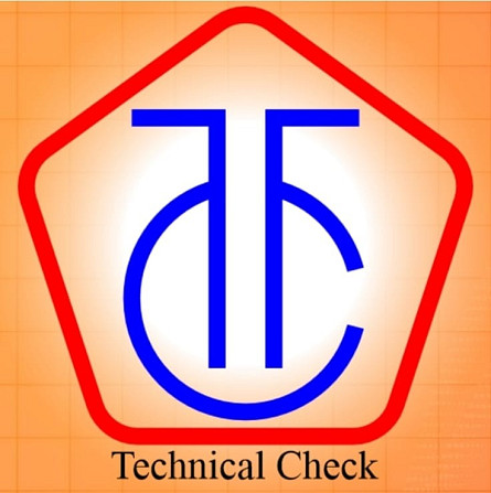 Technical Check компаниясының логотипі Т және C әріптерімен безендірілген, қызыл шеңбермен оралған алты бұрышты формада, апельсин түсті фонмен.