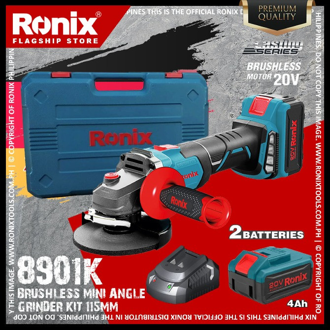 Компанейский набор Ronix 8901K, беспроводная мини-угловая шлифовальная машина с бесщеточным двигателем 20V, комплект с двумя аккумуляторами и зарядным устройством, размеры 115 мм