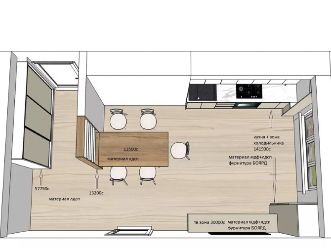 Планировка кухни с обеденной зоной и указанием материалов