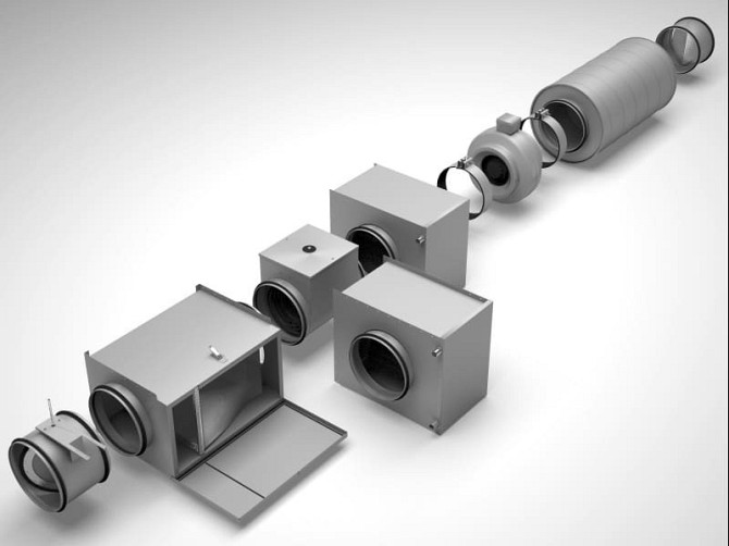 Модели вентиляционных коробов и элементов системы воздухообмена на белом фоне