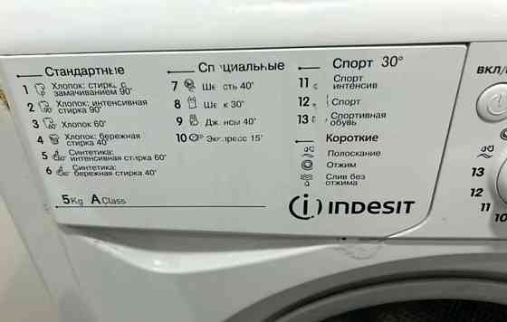 Этикетка с режимами стирки и характеристиками стиральной машины Indesit