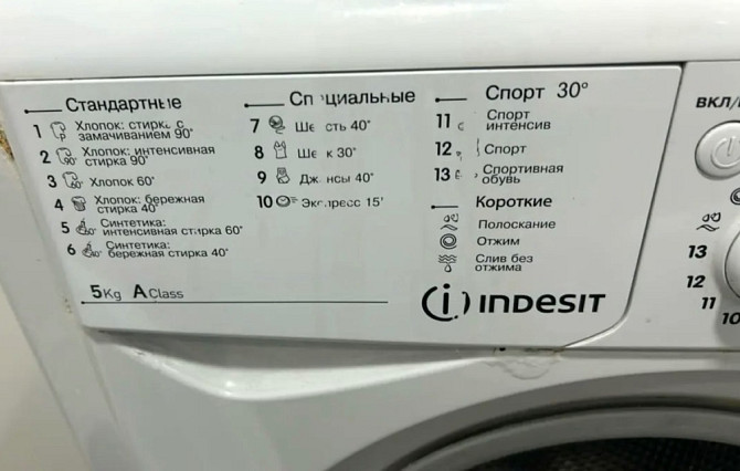 Indesit кір жуғыш машинасының жуу режимдері мен сипаттамалары бар этикетка