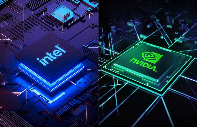 Чипы Intel и NVIDIA на фоне электрических схем