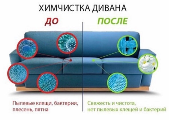 Диванды химиялық тазалау до и после, шаң, бактериялар және дақтардың микроскопиялық суреттері, шаңсыз және бактериясыз тазалық пен сергітушылық.