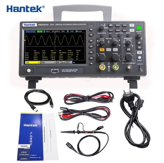 Цифрлық осциллограф Hantek DSO3102P өлшеу сымдарымен және нұсқаулықпен.