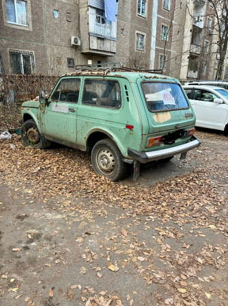 Задний вид старого зеленого внедорожника в окружении листвы