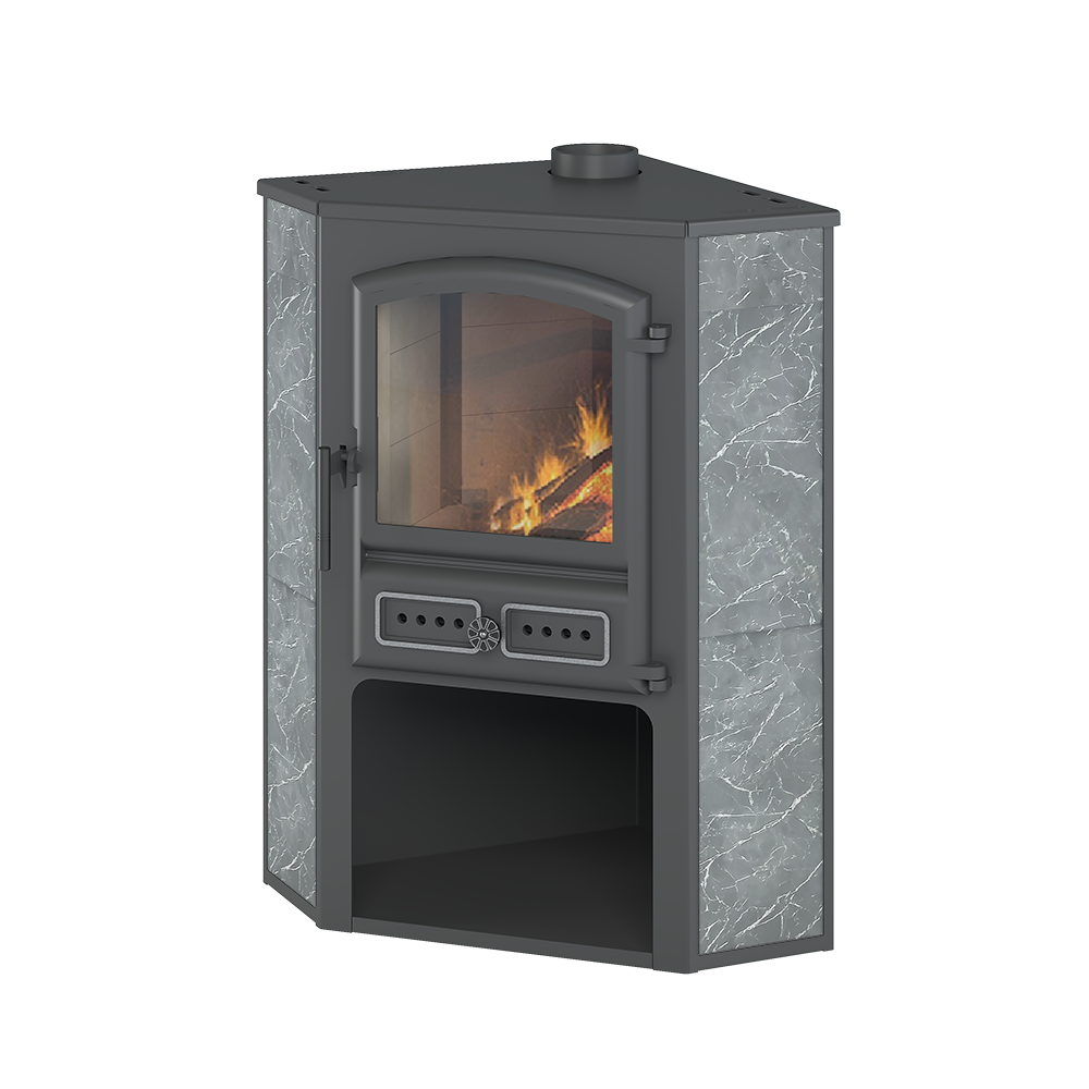 Камин с угловым дизайном, стеклянная дверца и печь с отделкой в стиле мрамора