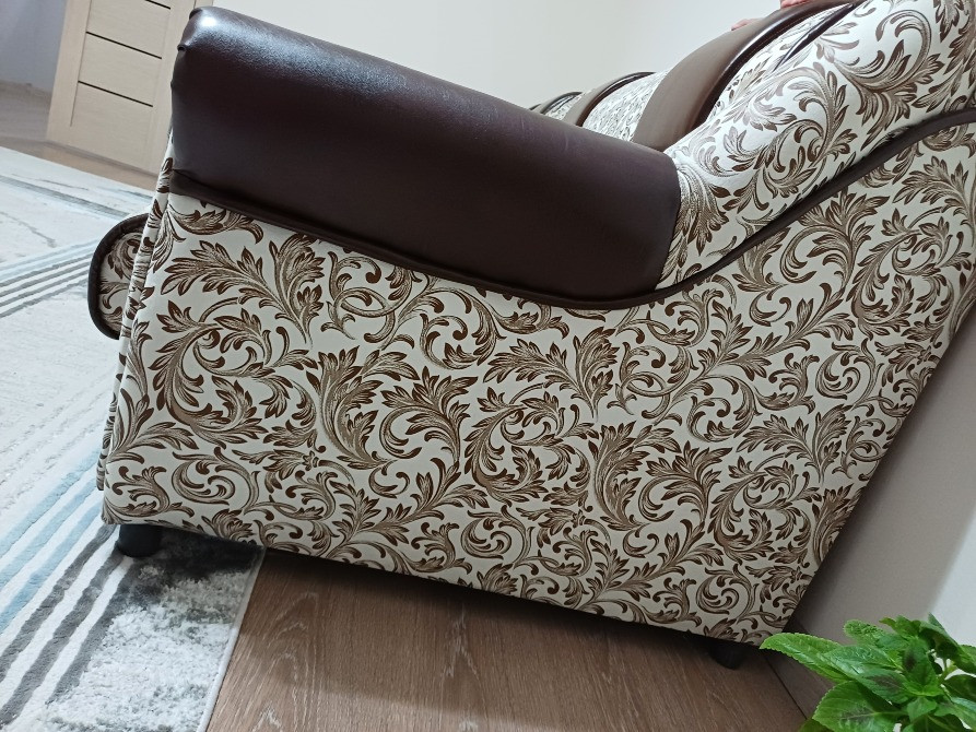 Декоративті үлгі мен табиғи ағаштан жасалған диванның профильді фотосы