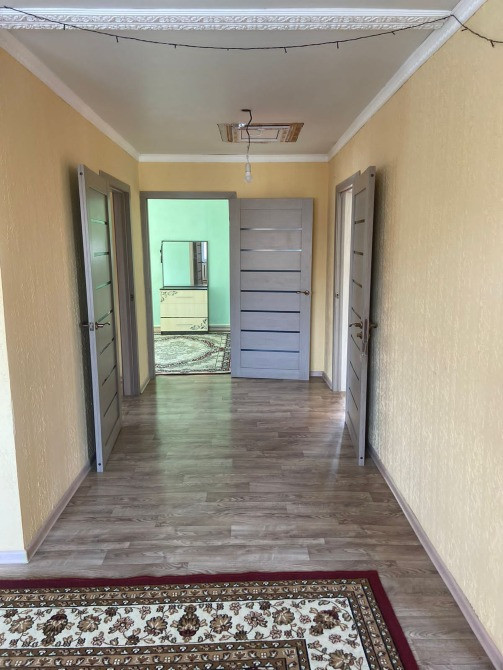 Коридор с дверями, ковер и отражение в зеркале, с зелеными стенами на заднем плане