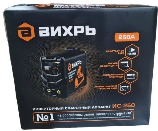 Инверторлы дәнекерлеу аппараты Вихрь ИС-250, қуаты 250А, жеңіл және ықшам, доға автоматты баптауы, 140-250В кернеумен жұмыс істеуге жарамды.