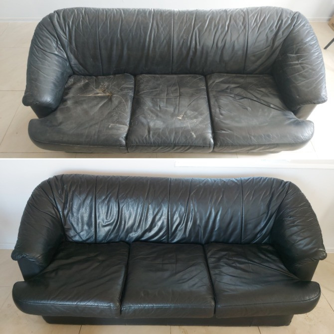 Изображение грязного кожаного дивана до и после восстановления
