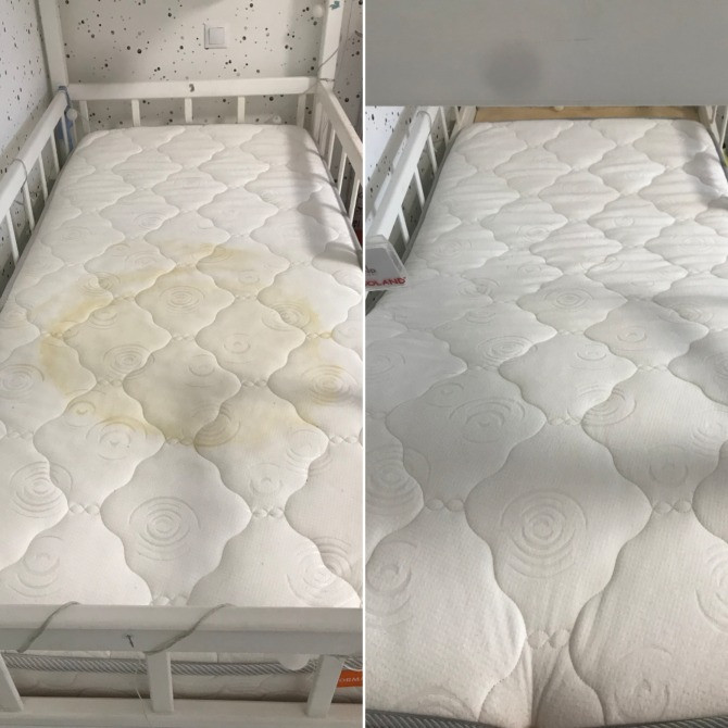 Изображение загрязненного детского матраса до и после очистки