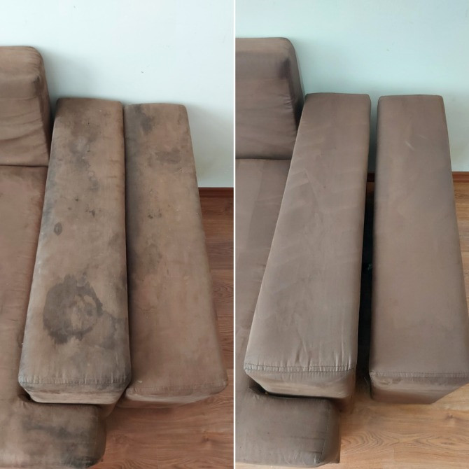 Изображение загрязненных подушек дивана до и после чистки
