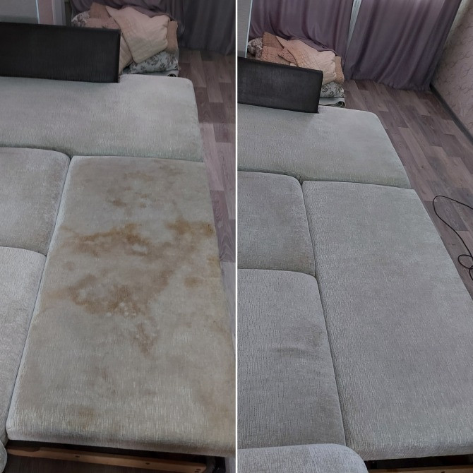 Изображение грязного дивана в светлом цвете до и после обработки