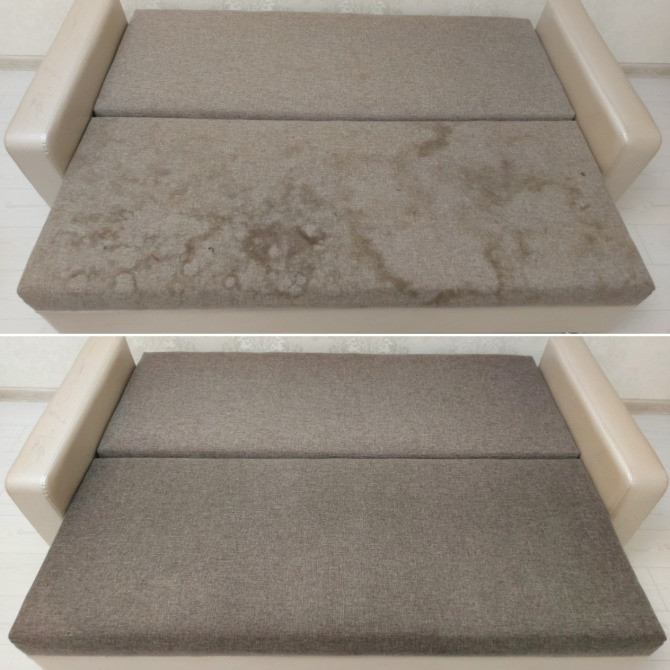 Изображение чистки дивана до и после обработки