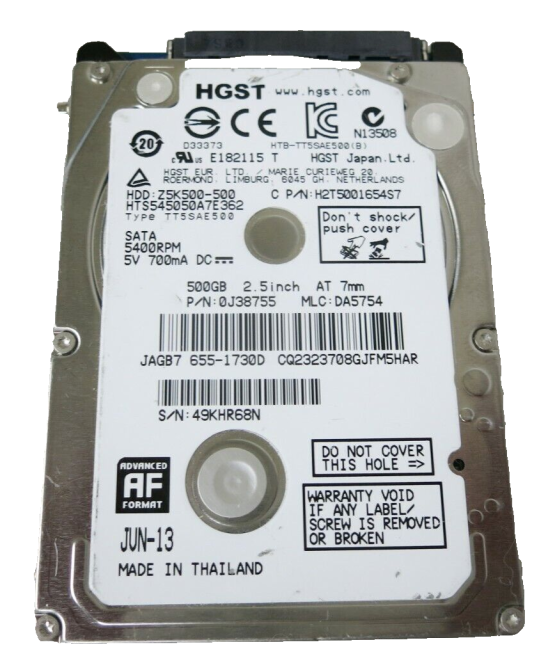 HGST қатты дискі, модел H2T5001653S, көлемі 500 ГБ, интерфейсі SATA, 2.5 дюйм, 7 мм, Таиландта өндірілген.