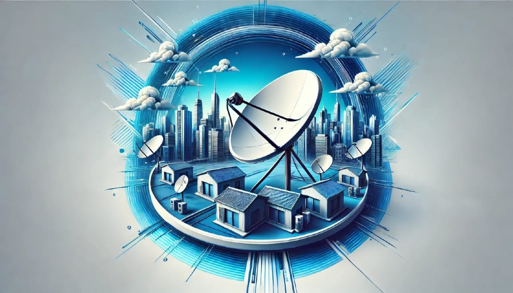 Современная иллюстрация спутниковой антенны с городскими зданиями и облаками на фоне синего неба