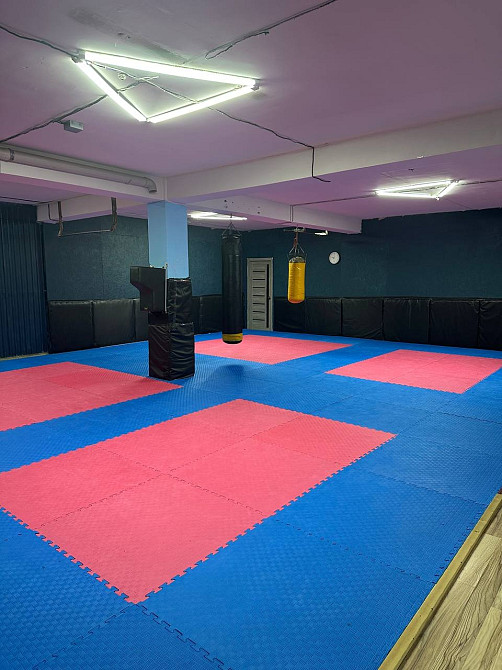 Внутренний вид тренировочного зала с ударными тренажерами и ковриками для занятий