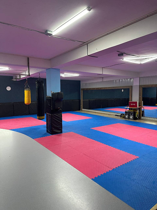 Внутренний вид тренировочного зала с рукопашным боем и тренажерами