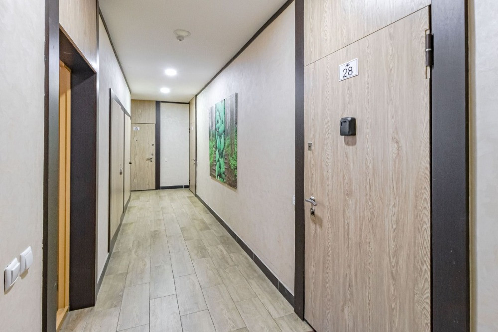 Коридор с дверью и картинами