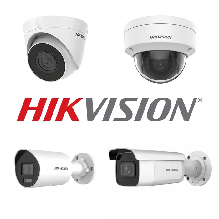 Камеры видеонаблюдения Hikvision различных моделей и логотип