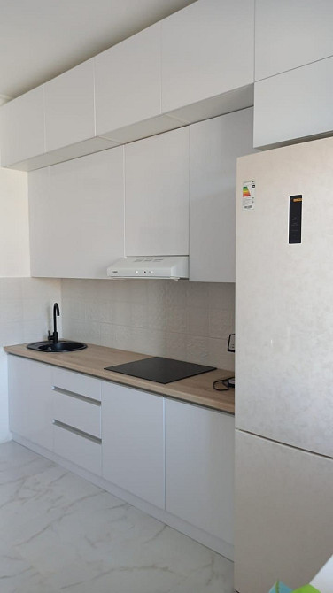 Минималистік ас үй қара жуу қондырғысымен және кірістірілген плита.