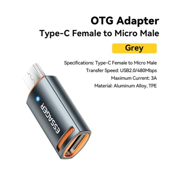 Адаптер OTG Type-C Female to Micro Male, серый; по спецификациям: Type-C Female to Micro Male, скорость передачи USB 2.0/480 Мбит/с, максимальный ток 3A, материал: алюминиевый сплав, TPE