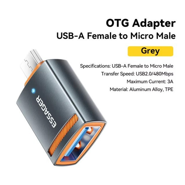 Адаптер OTG USB-A Female to Micro Male, серый, спецификации: USB2.0/480Мбит/с, максимальный ток 3А, материал: алюминиевый сплав и ТПЕ