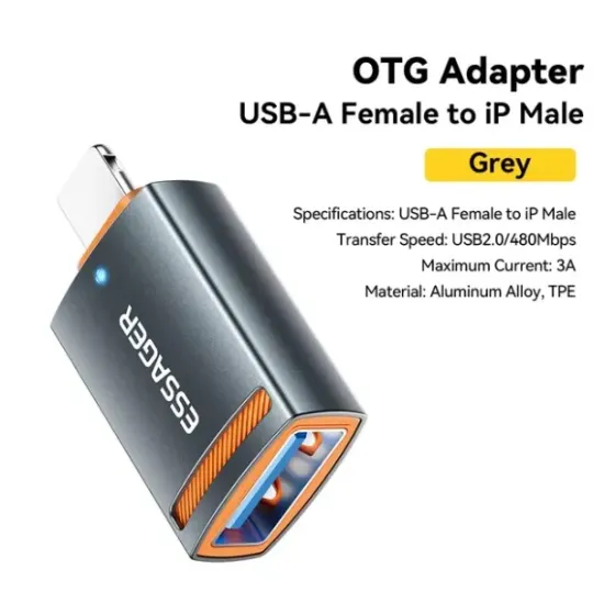 Адаптер OTG USB-A Female to Type-C Male, серый цвет. Спецификации: USB-A Female to Type-C Male, скорость передачи данных USB3.0/5Gbps, максимальный то