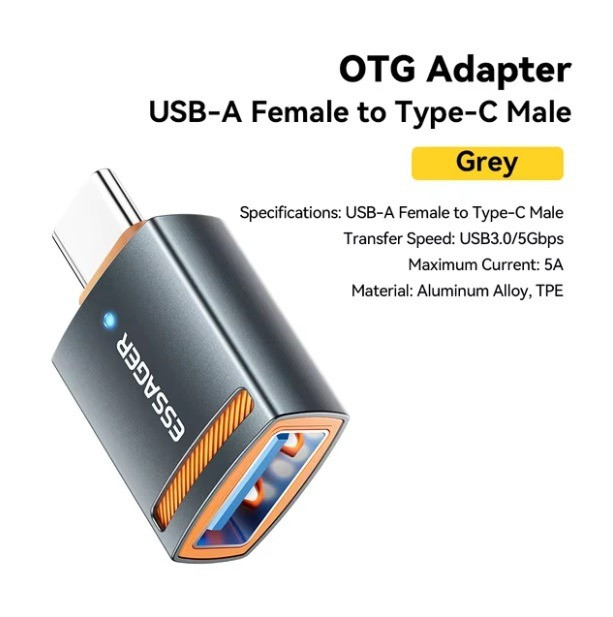 OTG адаптері USB-A Әйелден Type-C Ерге, сұр түс. Техникалық сипаттамалар: USB-A Әйелден Type-C Ерге, деректерді беру жылдамдығы USB3.0/5Gbps, максималды ток 5А, материал: алюминий қорытпасы, TPE.