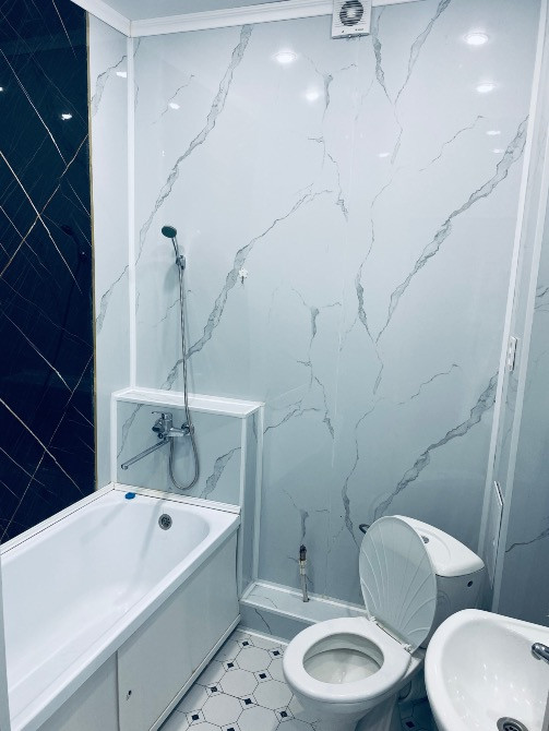 Современная ванная комната с ванной и туалетом