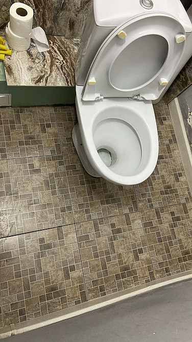 Унитаз в ванной комнате на плиточном полу с туалетной бумагой рядом