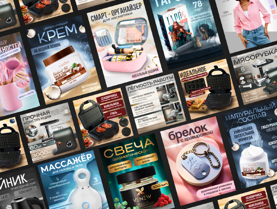 Изображение с рекламными объявлениями различных товаров, включая кремы, органайзеры, вафельницы, массажеры и другие предметы. Визуальные элементы включают упаковки и предметы, связанные с уходом за телом и кухонной утварью