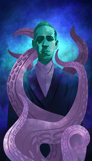 Қара түсті тондарда орындалған, щупальцтермен қоршалған костюмдегі адамның портреті