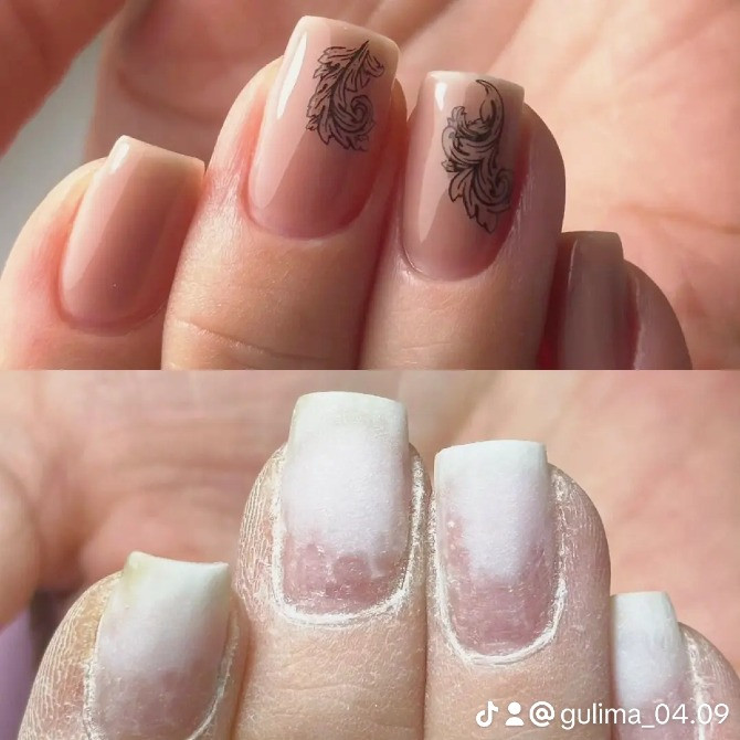 Ногти с френчем и черными рисунками, а также этап снятия старого покрытия