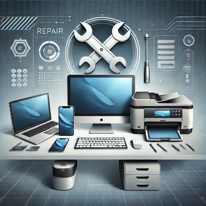 Офисный стол с ноутбуком, принтером и инструментами на сером фоне