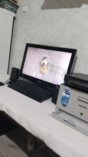 Компьютерный рабочий стол с монитором, клавиатурой и принтером на фоне