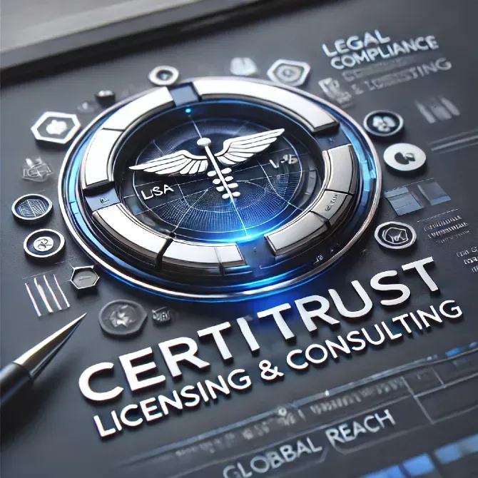 Логотип Certitrust с символом медицинской лицензии и надписями о юридическом соблюдении и консультационных услугах