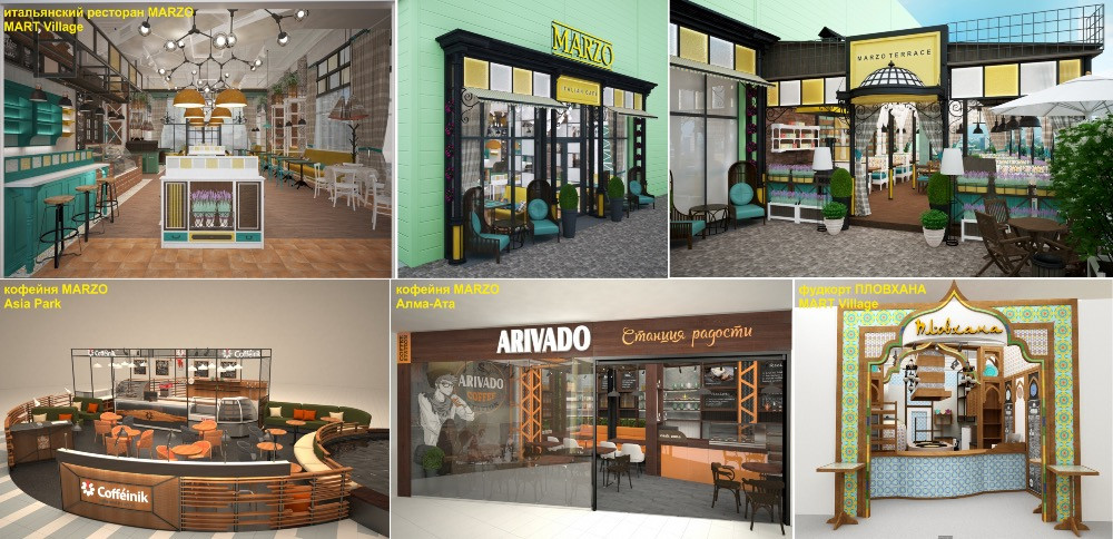 Коллаж различных концепций ресторанов с уникальным дизайном и оформлением