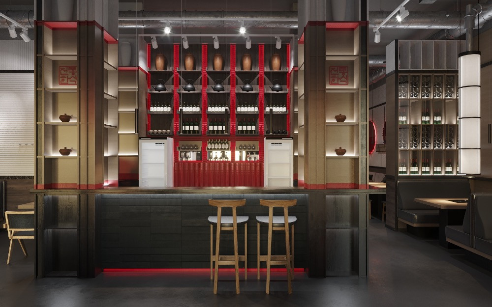 Интерьер современного ресторана с барной стойкой и стульями