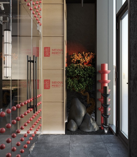 Вход в ресторан с современным дизайном и элементами природы